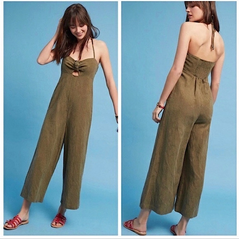 Anthropologie Elevenses Tropicale Olive Jumpsuit